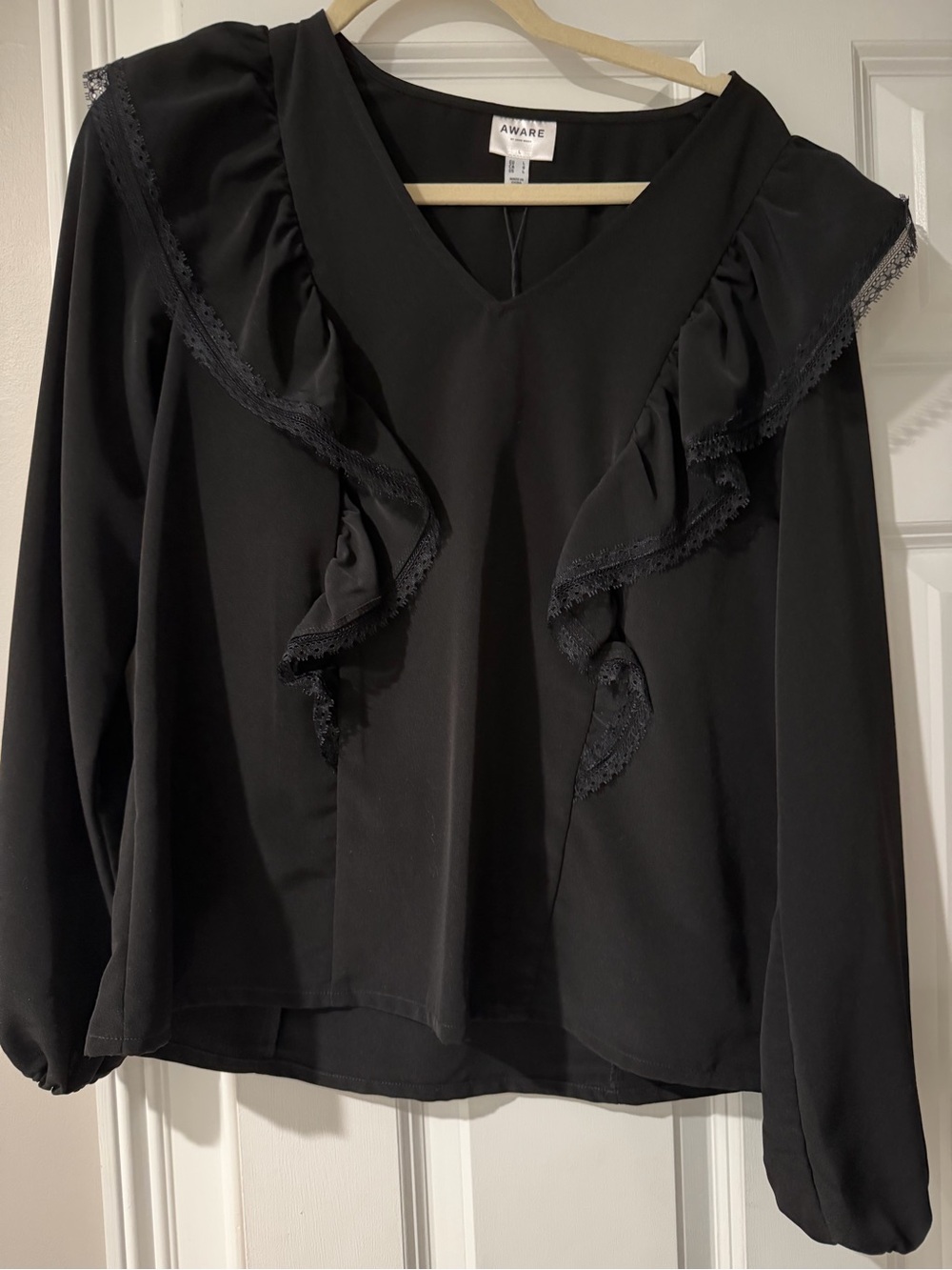 Aware Black Ruffle V-Neck Blouse